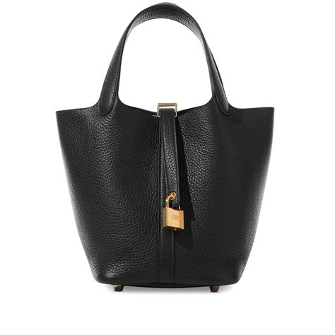 hermes black barrel gold lock handbag|Hermès Black Clemence Picotin Lock 18 Gold Hardware, 2024 .